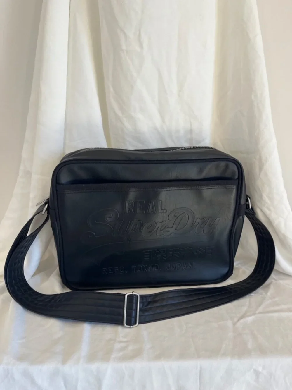 Superdry Embossed Logo Black Faux Leather Messenger Crossbody Bag
